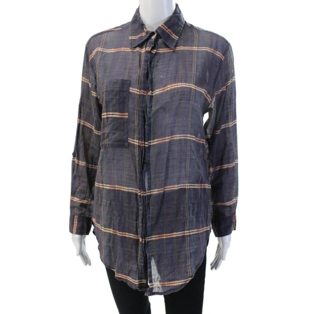 Isabel Marant Etoile Women Plaid Cotton Collared Button Up Top Dark Blue Size S
